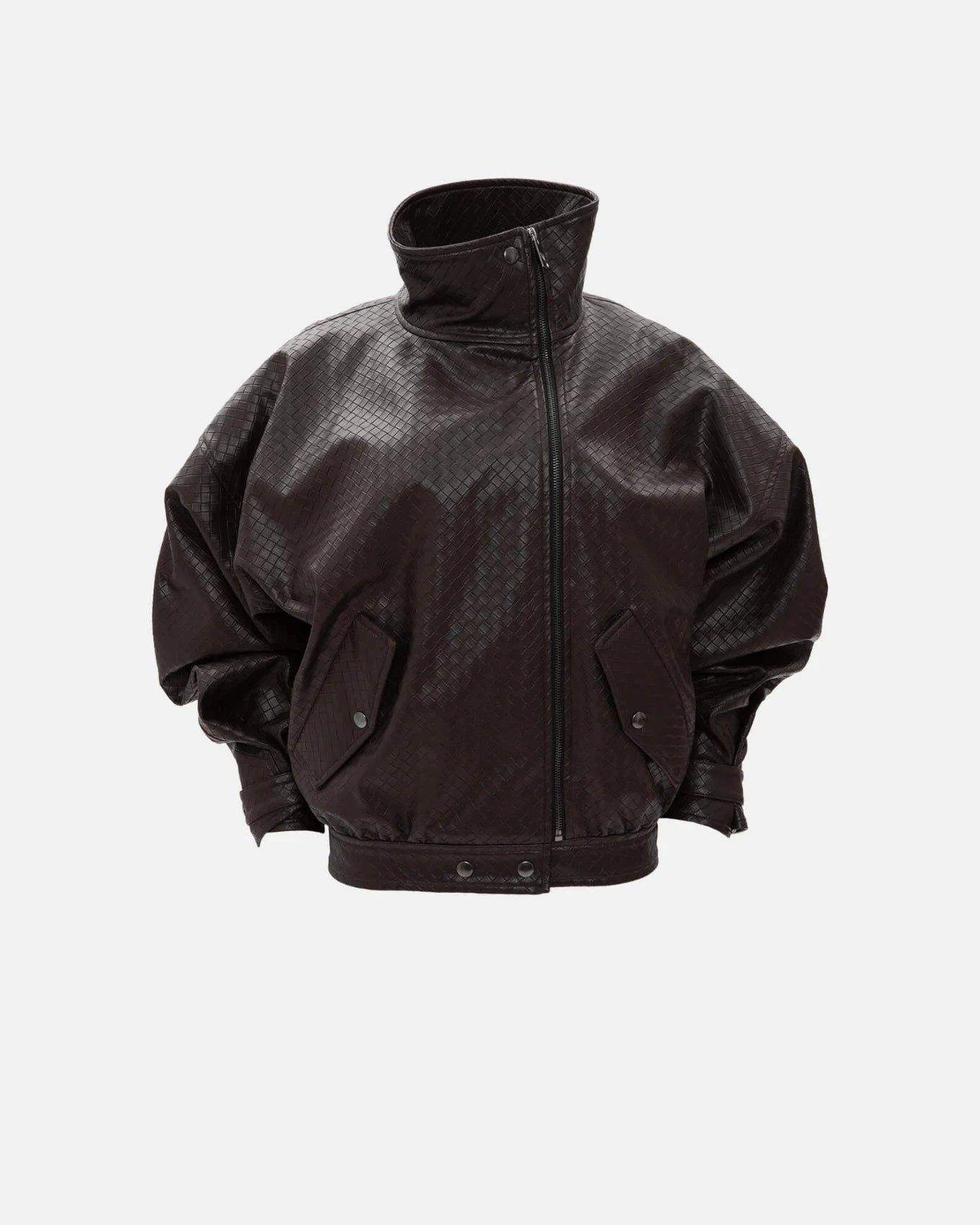 BROWN PANAMA WEAVE FAUX LEATHER JACKET