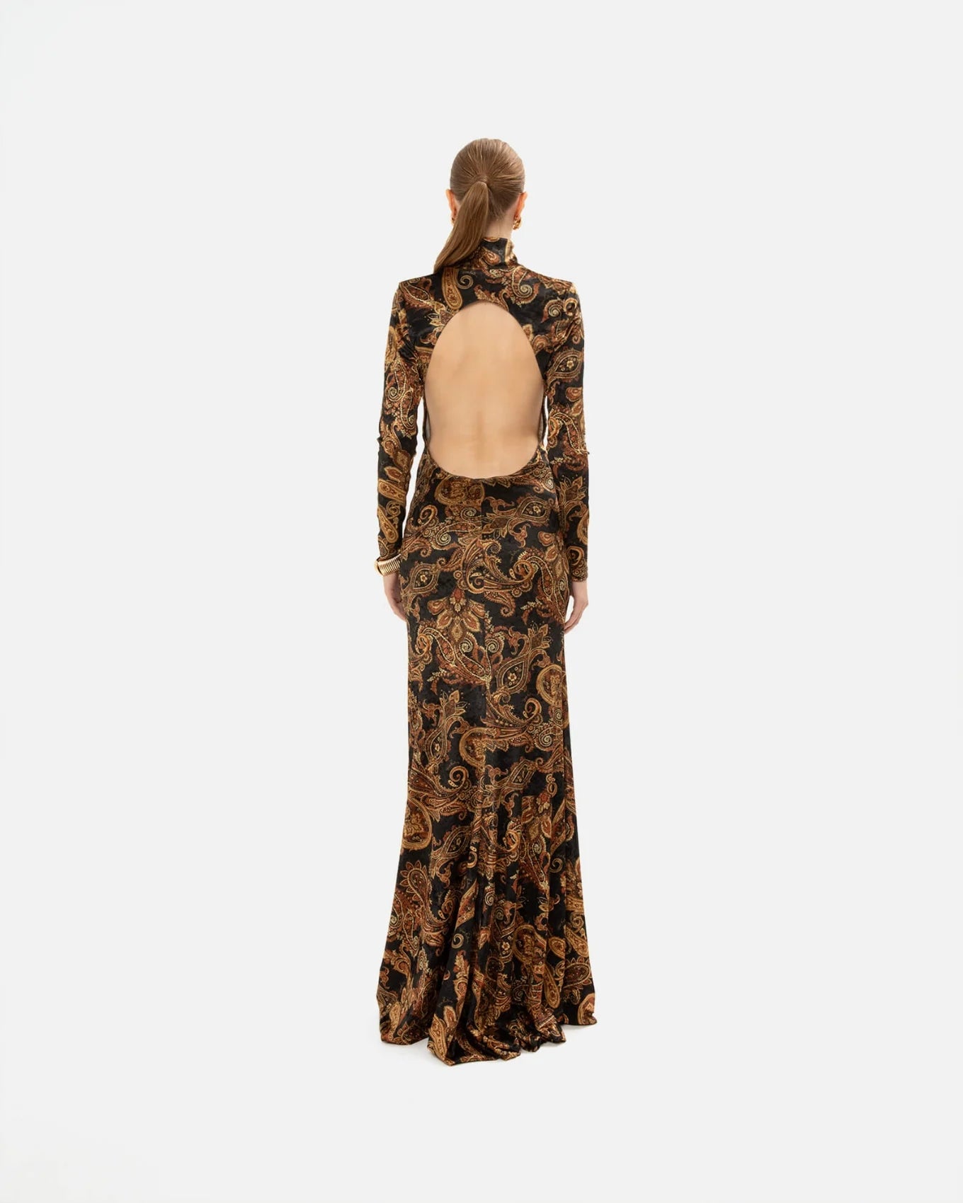 GOLDEN-BROWN PAISLEY HIGH-NECK DRESS