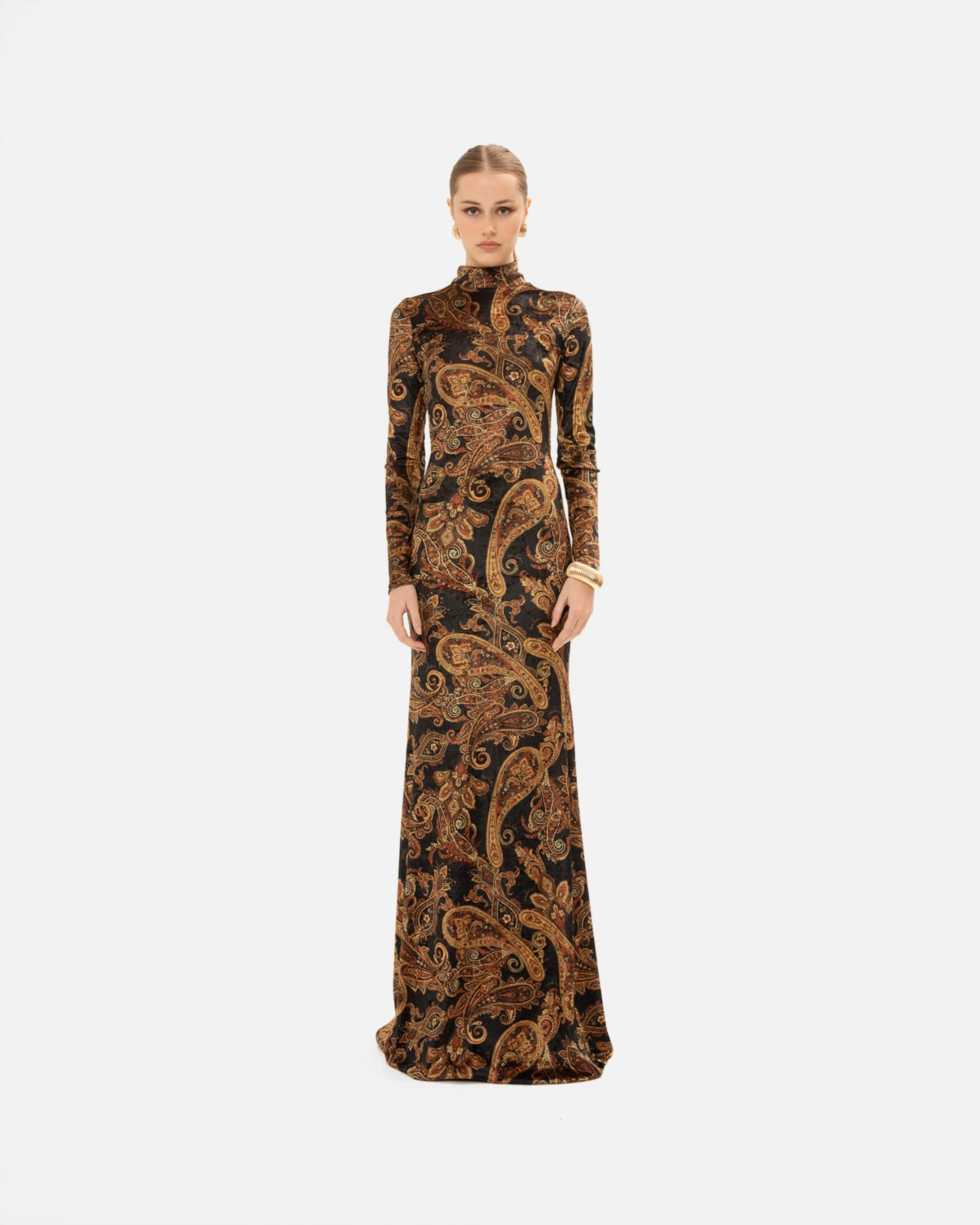 GOLDEN-BROWN PAISLEY HIGH-NECK DRESS