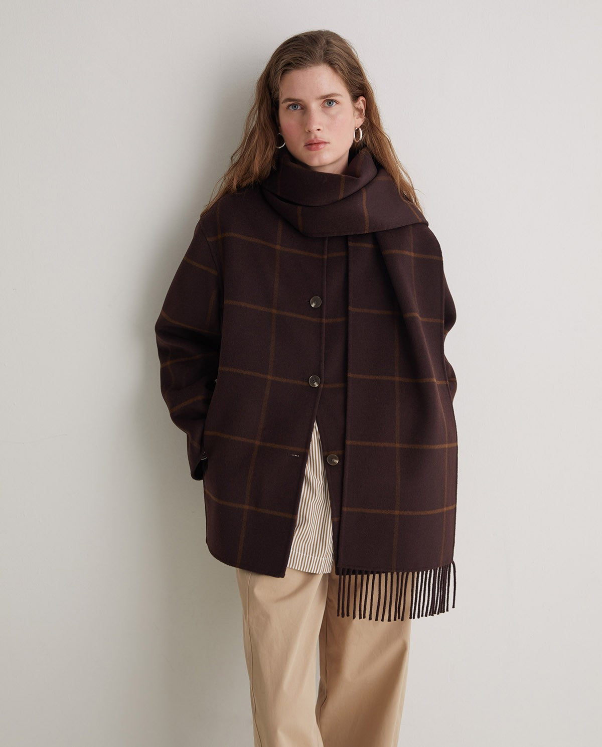 43607 - HANDMADE WOOL-BLEND COAT WITH SCARF BROWN
