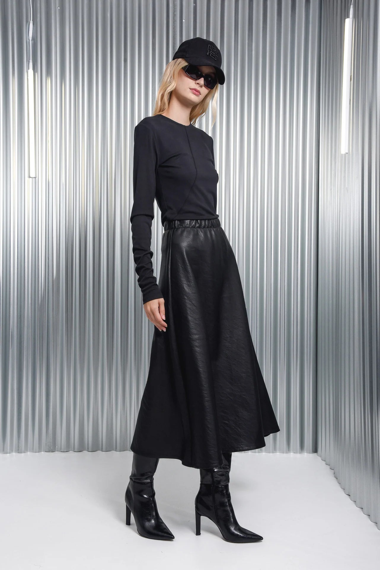 Arpyes Ink Faux Leather Midi Skirt