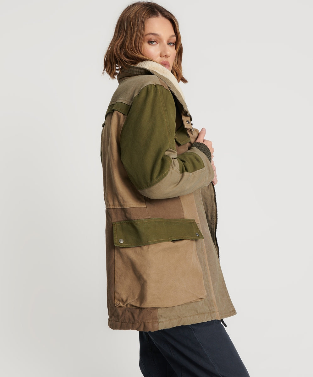 KHAKI PATCHWORKED DEFENDER COAT SKU:25974