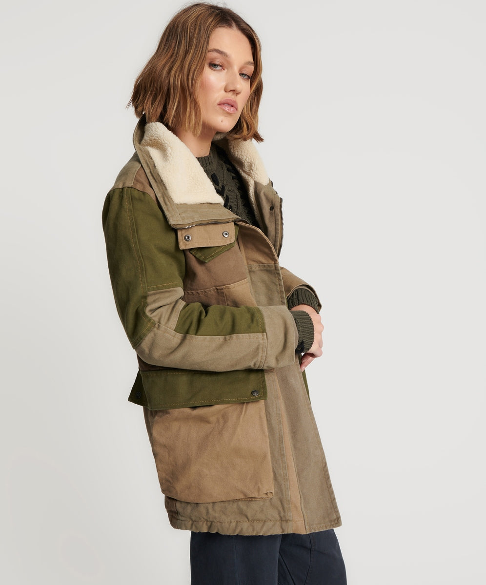 KHAKI PATCHWORKED DEFENDER COAT SKU:25974