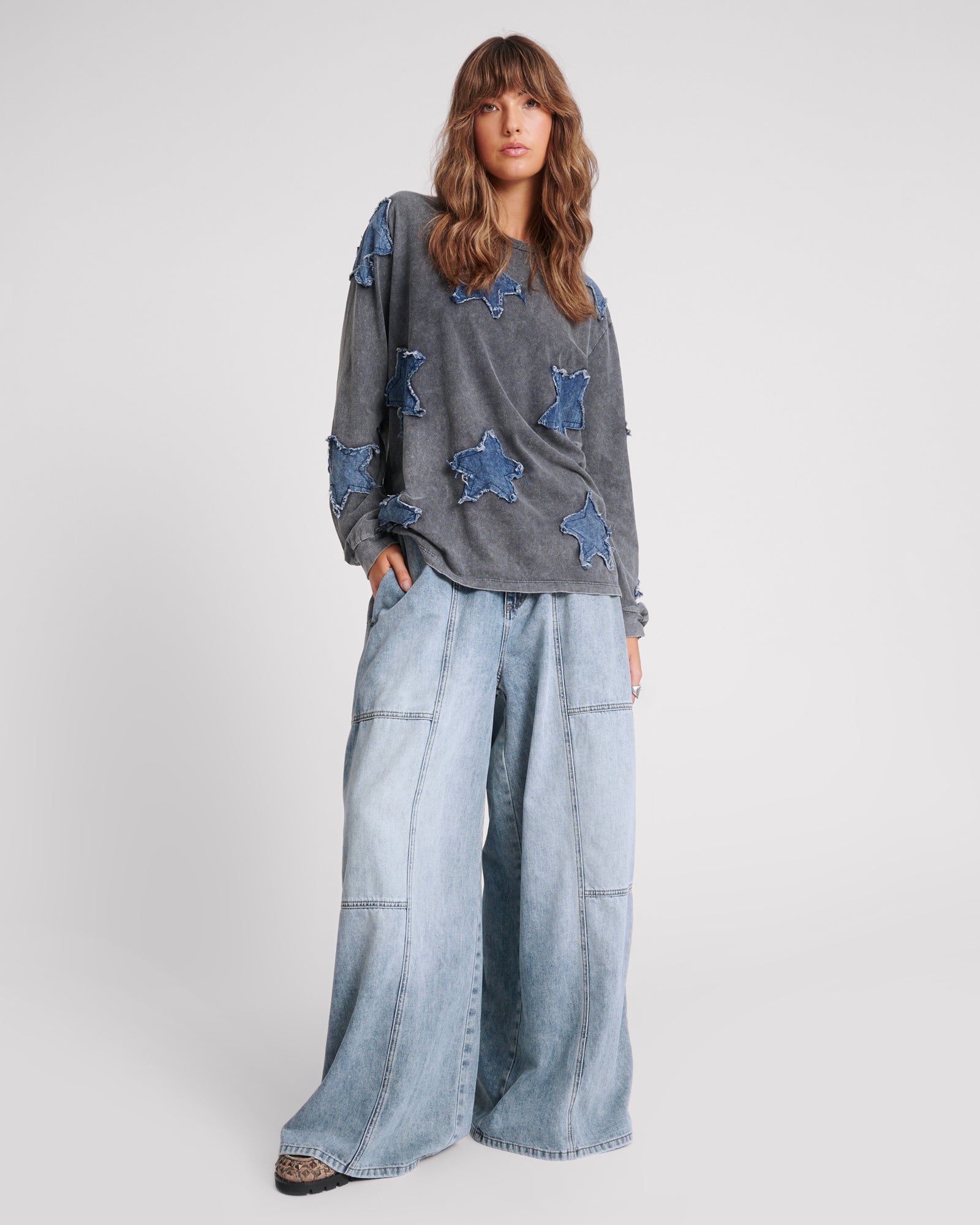 Palazzo Mid Waist Denim Jeans