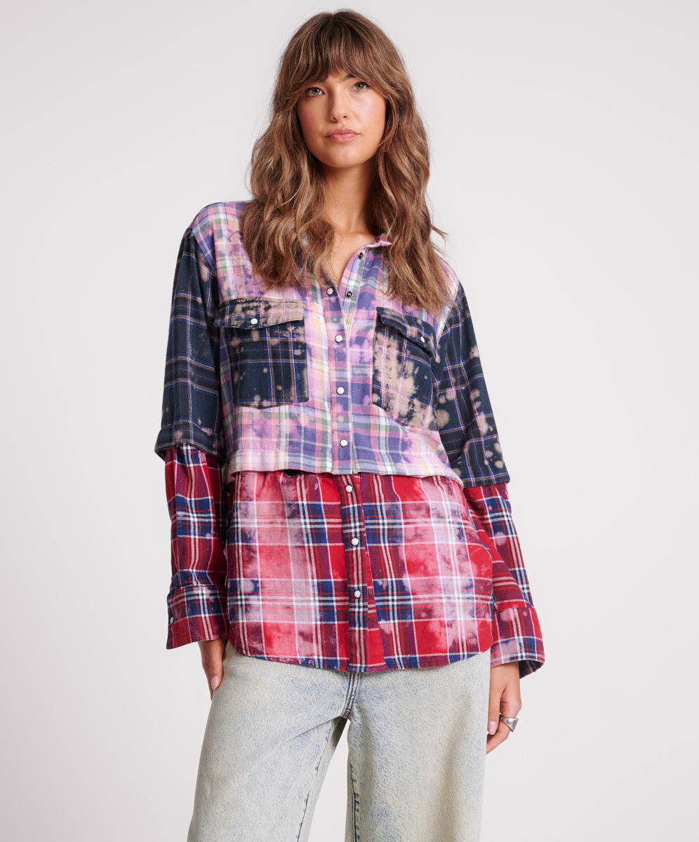 BUTTON OFF DISTRESSED FLANNEL SHIRT