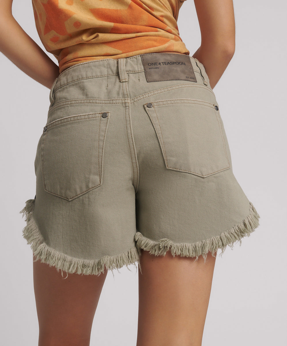 Outlaws Mid Waist Mid Length Denim Shorts - Faded Khaki