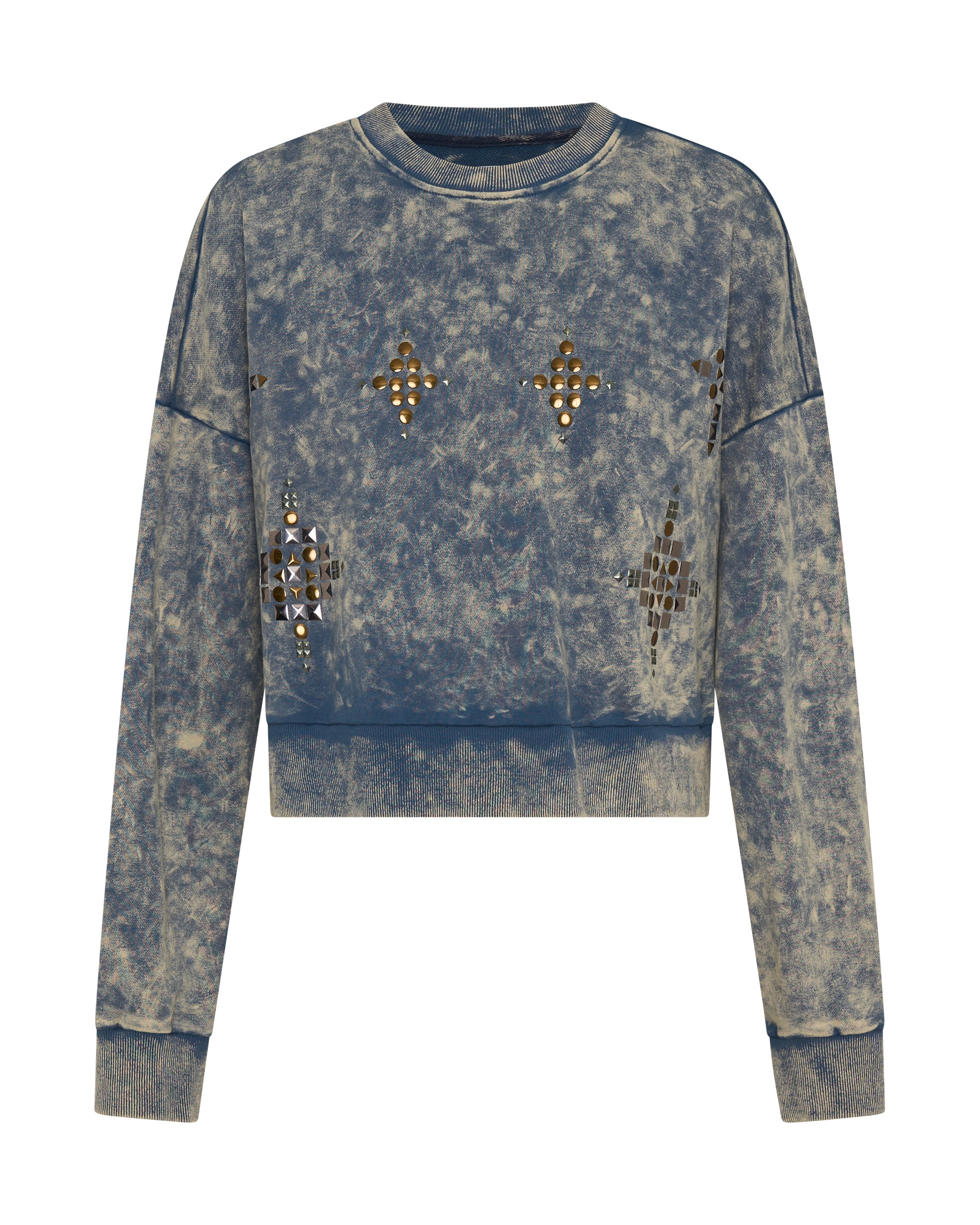 26982 - Fleece Cropped Star Studded Sweater - Acid Wash Blue