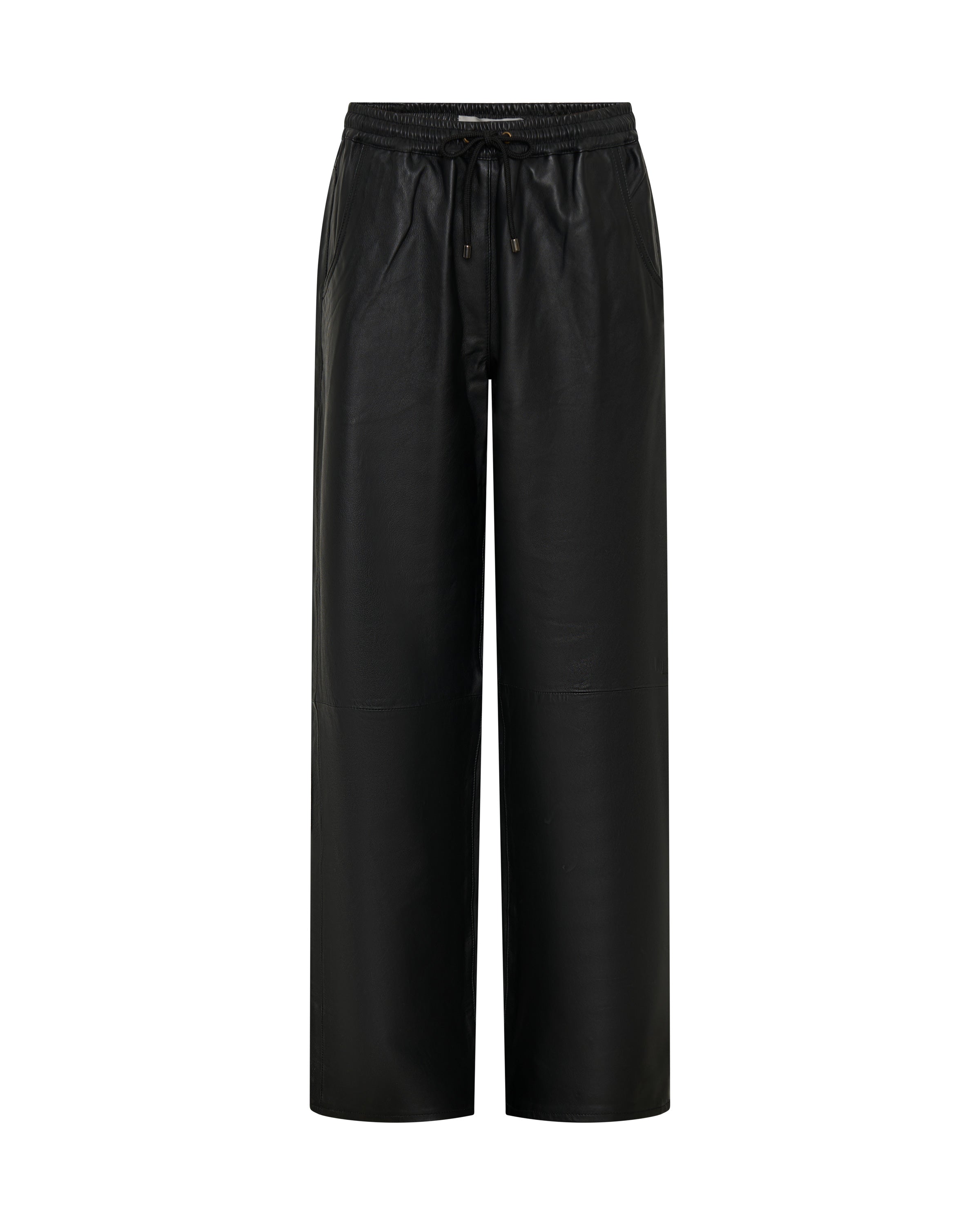 27269B - Roadhouse Mid Waist Wide Leg Drawstring Leather Pants - Black