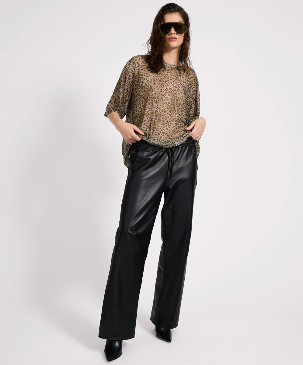 27269B - Roadhouse Mid Waist Wide Leg Drawstring Leather Pants - Black