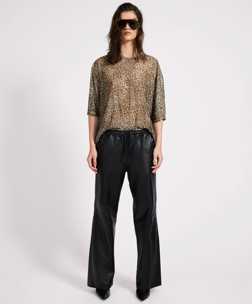 27269B - Roadhouse Mid Waist Wide Leg Drawstring Leather Pants - Black