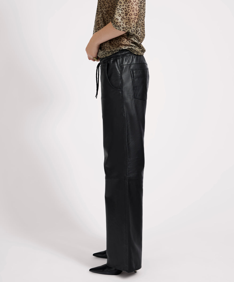 27269B - Roadhouse Mid Waist Wide Leg Drawstring Leather Pants - Black