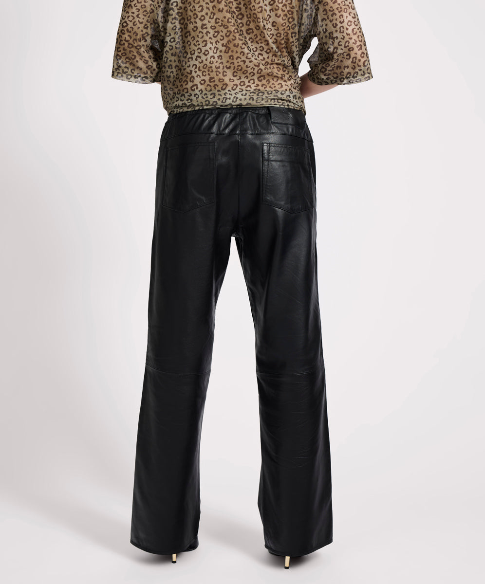 27269B - Roadhouse Mid Waist Wide Leg Drawstring Leather Pants - Black