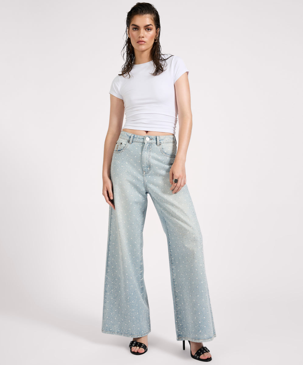 27228 - Love Machines Mid Waist Super Wide Leg Denim Jeans - Blue Sparkle