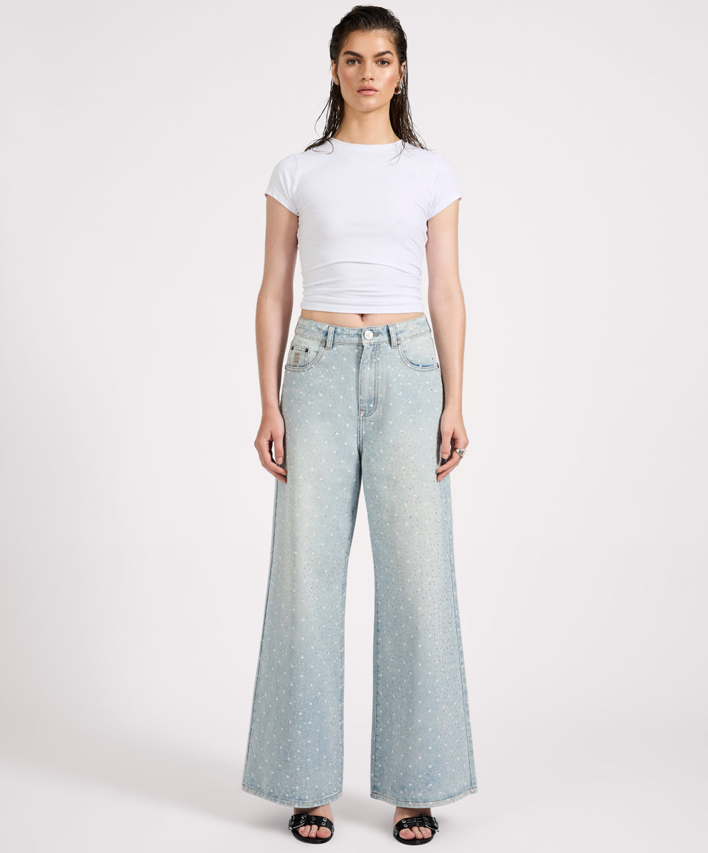27228 - Love Machines Mid Waist Super Wide Leg Denim Jeans - Blue Sparkle