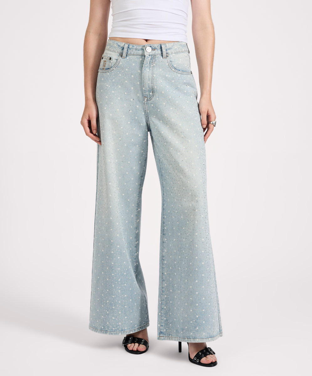 27228 - Love Machines Mid Waist Super Wide Leg Denim Jeans - Blue Sparkle