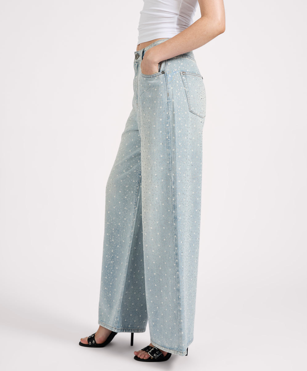27228 - Love Machines Mid Waist Super Wide Leg Denim Jeans - Blue Sparkle