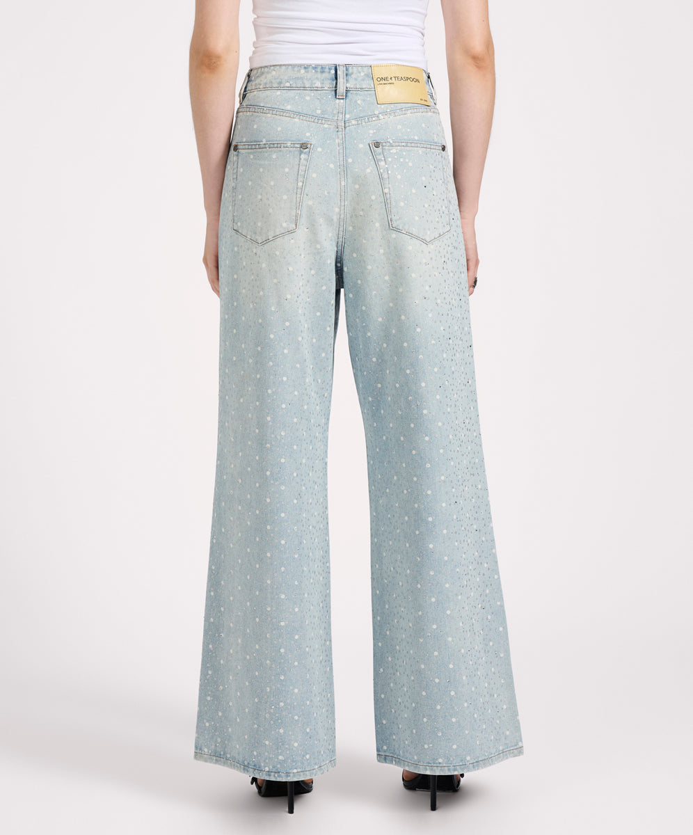 27228 - Love Machines Mid Waist Super Wide Leg Denim Jeans - Blue Sparkle