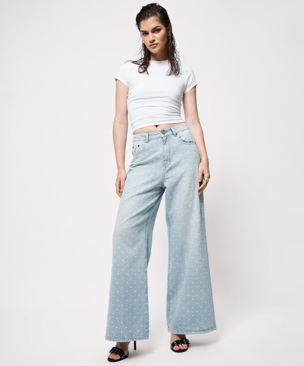 27228 - Love Machines Mid Waist Super Wide Leg Denim Jeans - Blue Sparkle