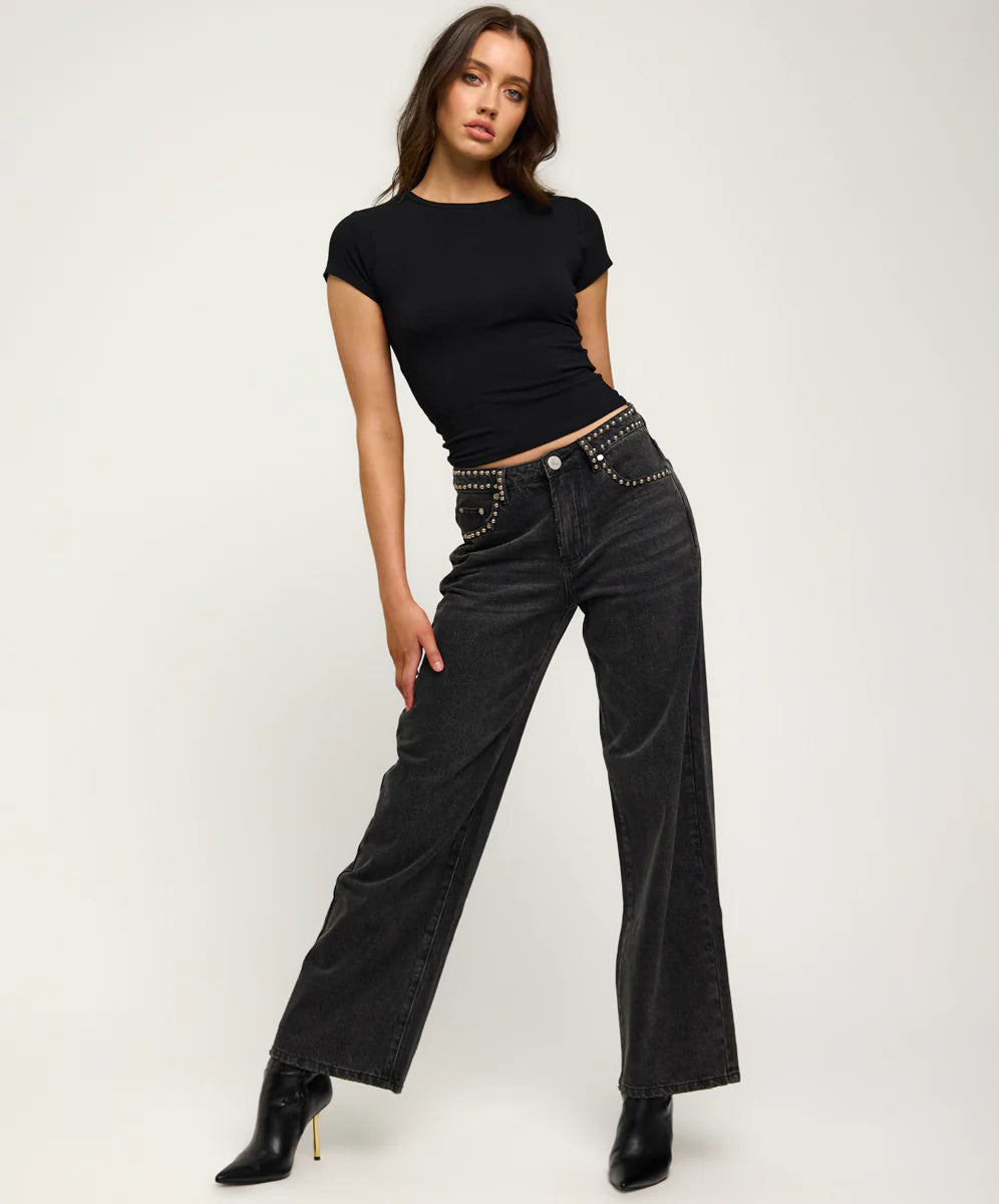 27262 - Jackson Mid Waist Wide Leg Studded Denim Jeans - Black