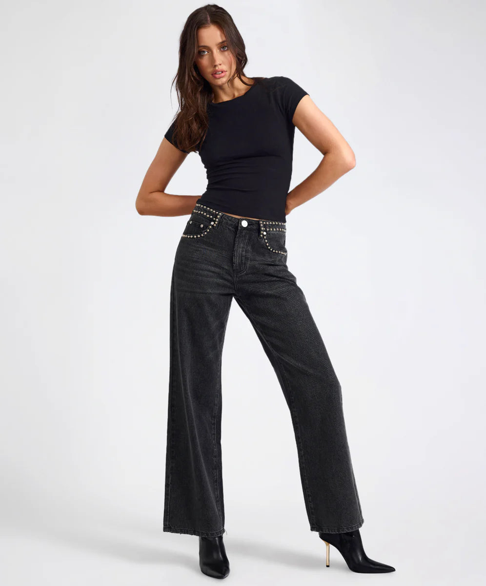 27262 - Jackson Mid Waist Wide Leg Studded Denim Jeans - Black