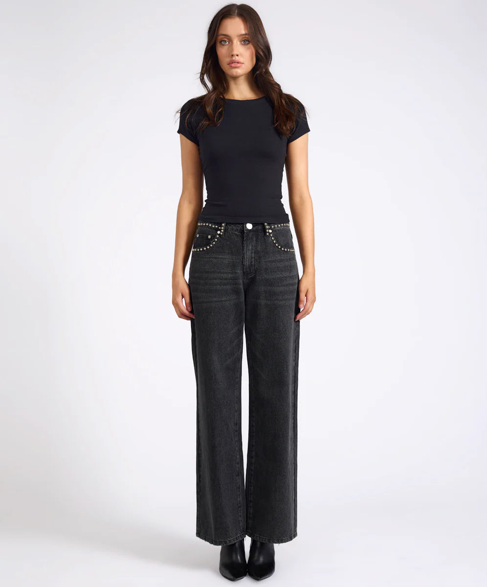 27262 - Jackson Mid Waist Wide Leg Studded Denim Jeans - Black