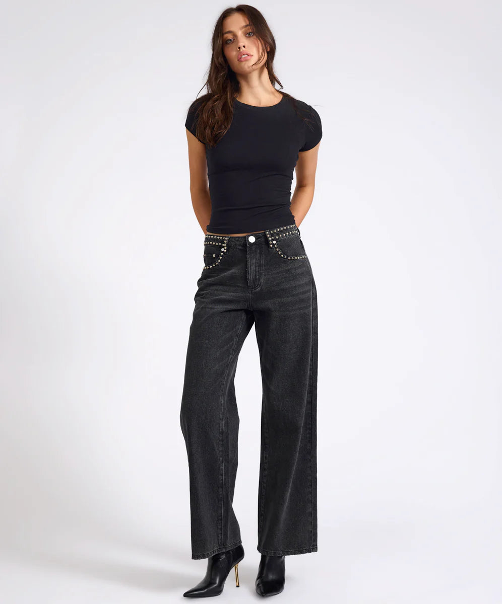 27262 - Jackson Mid Waist Wide Leg Studded Denim Jeans - Black