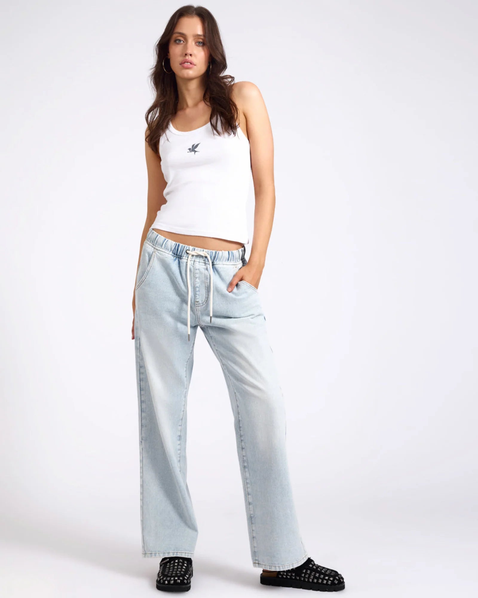 27316 - Roadhouse Mid Waist Wide Leg Drawstring Denim Jean - Blue Latte