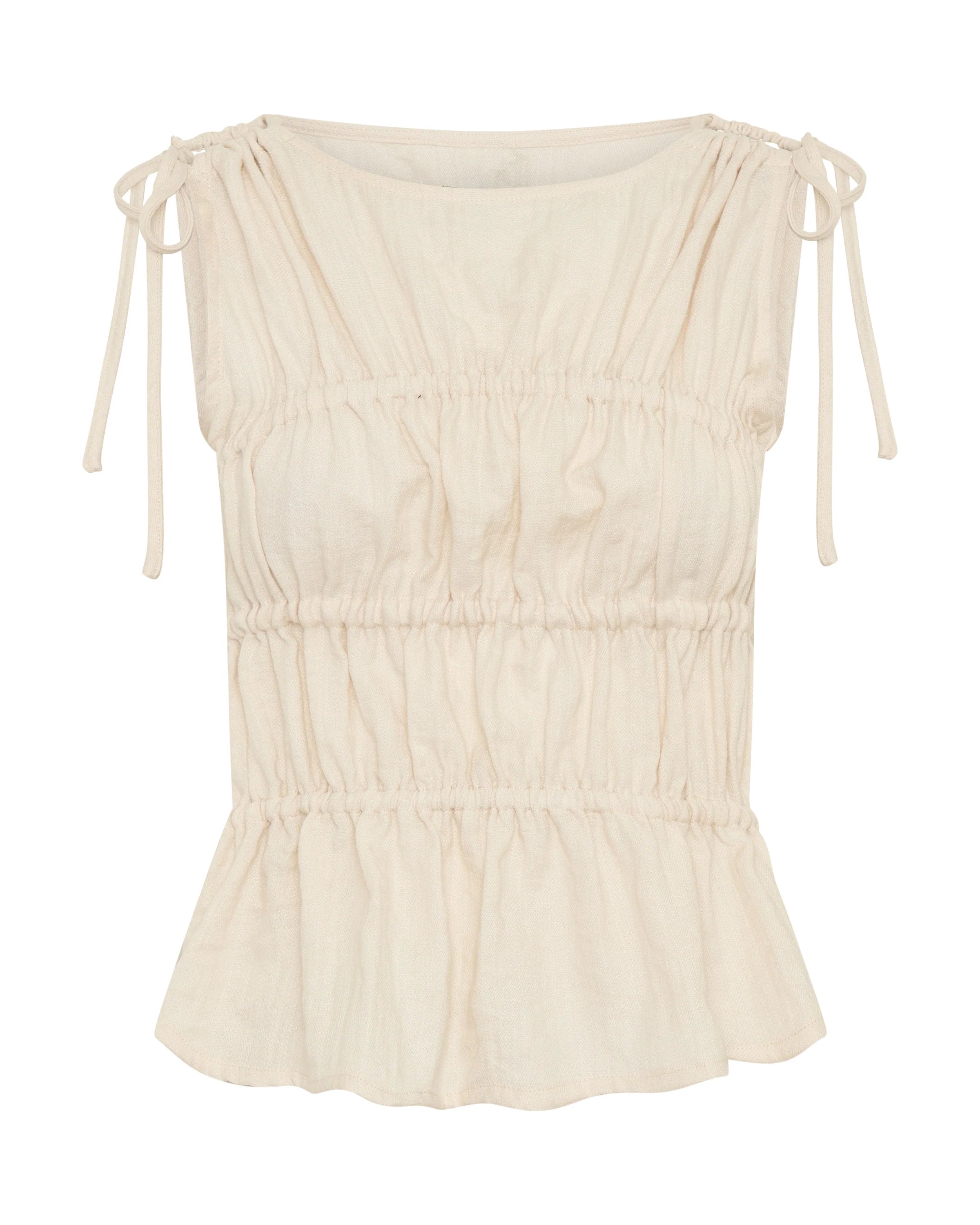 27364 - Evelyn Gathered Ruched Tie Top - Cream