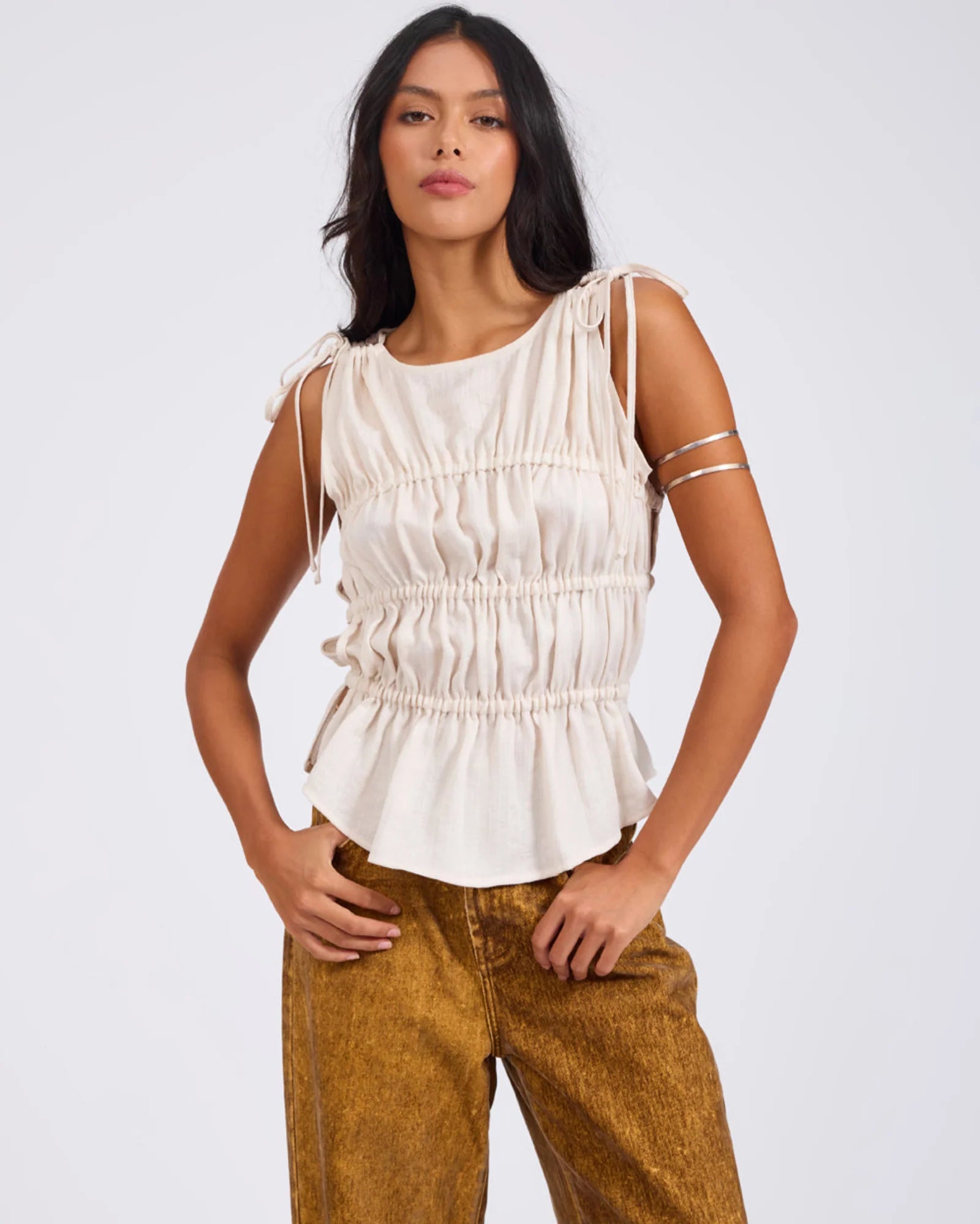 27364 - Evelyn Gathered Ruched Tie Top - Cream