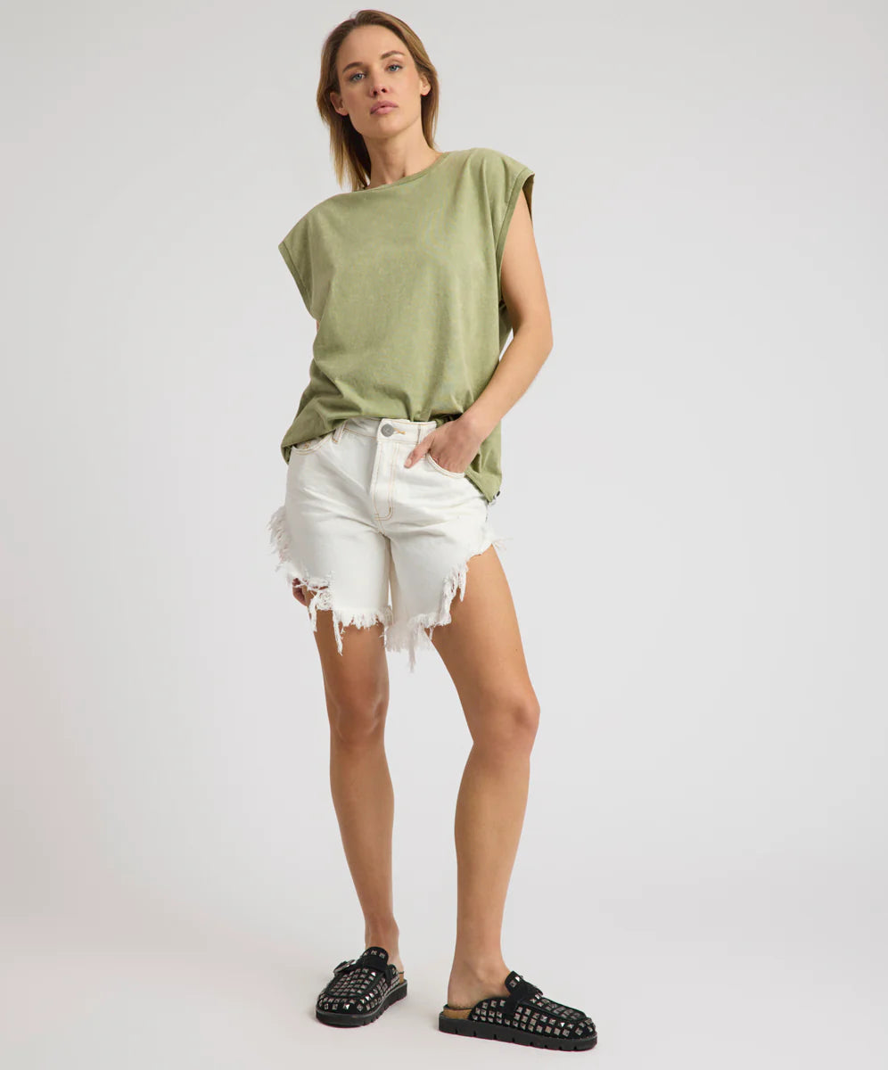 27434 - Frankies High Waist Long Length Denim Shorts - White Beauty