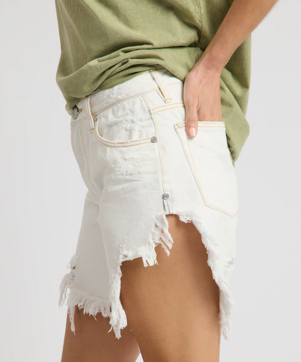 27434 - Frankies High Waist Long Length Denim Shorts - White Beauty
