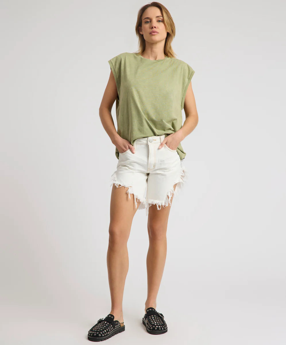 27434 - Frankies High Waist Long Length Denim Shorts - White Beauty