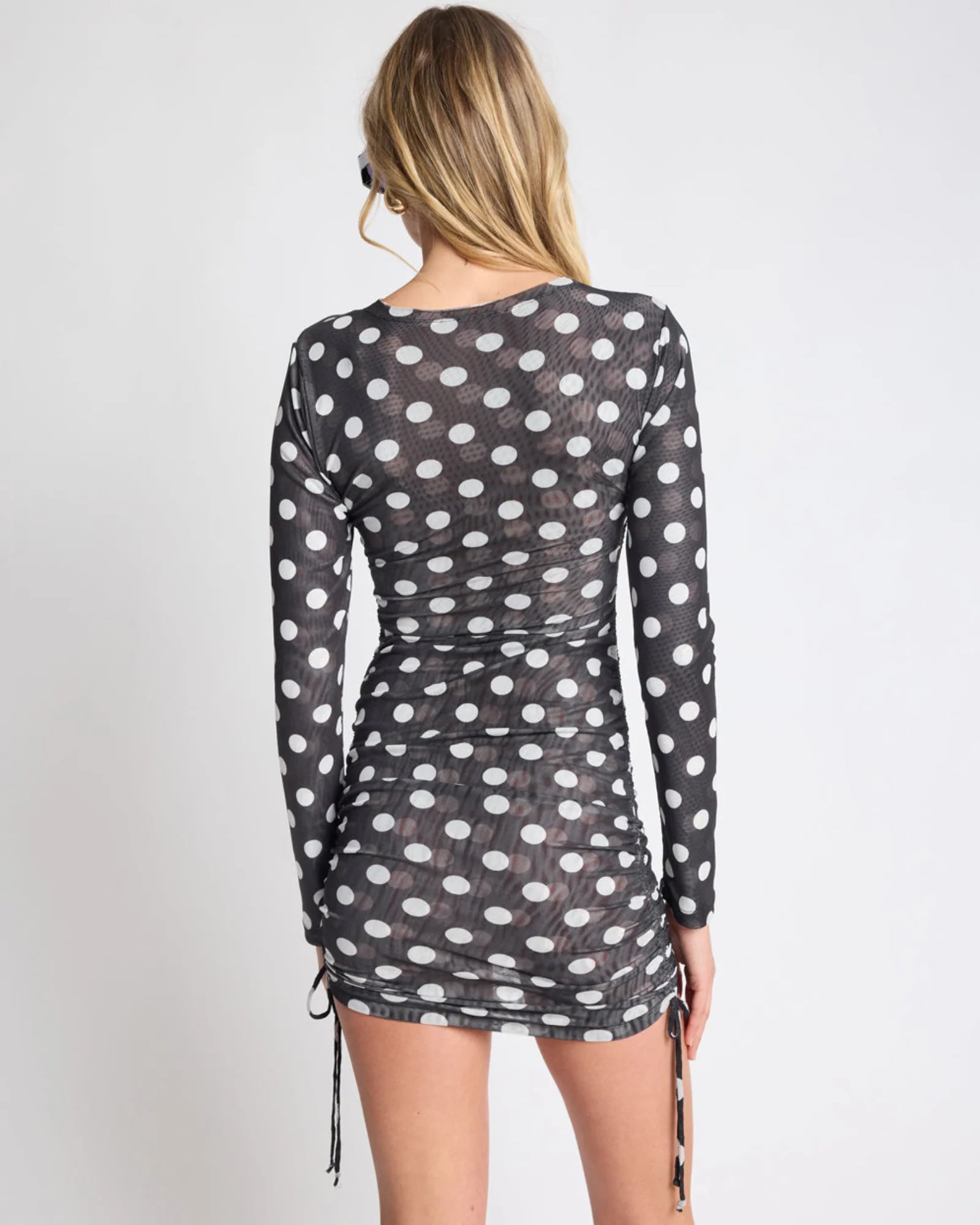 One teaspoon Polka Darling Sheer Mesh Ruched Mini Dress - Black & White Polka Dot
