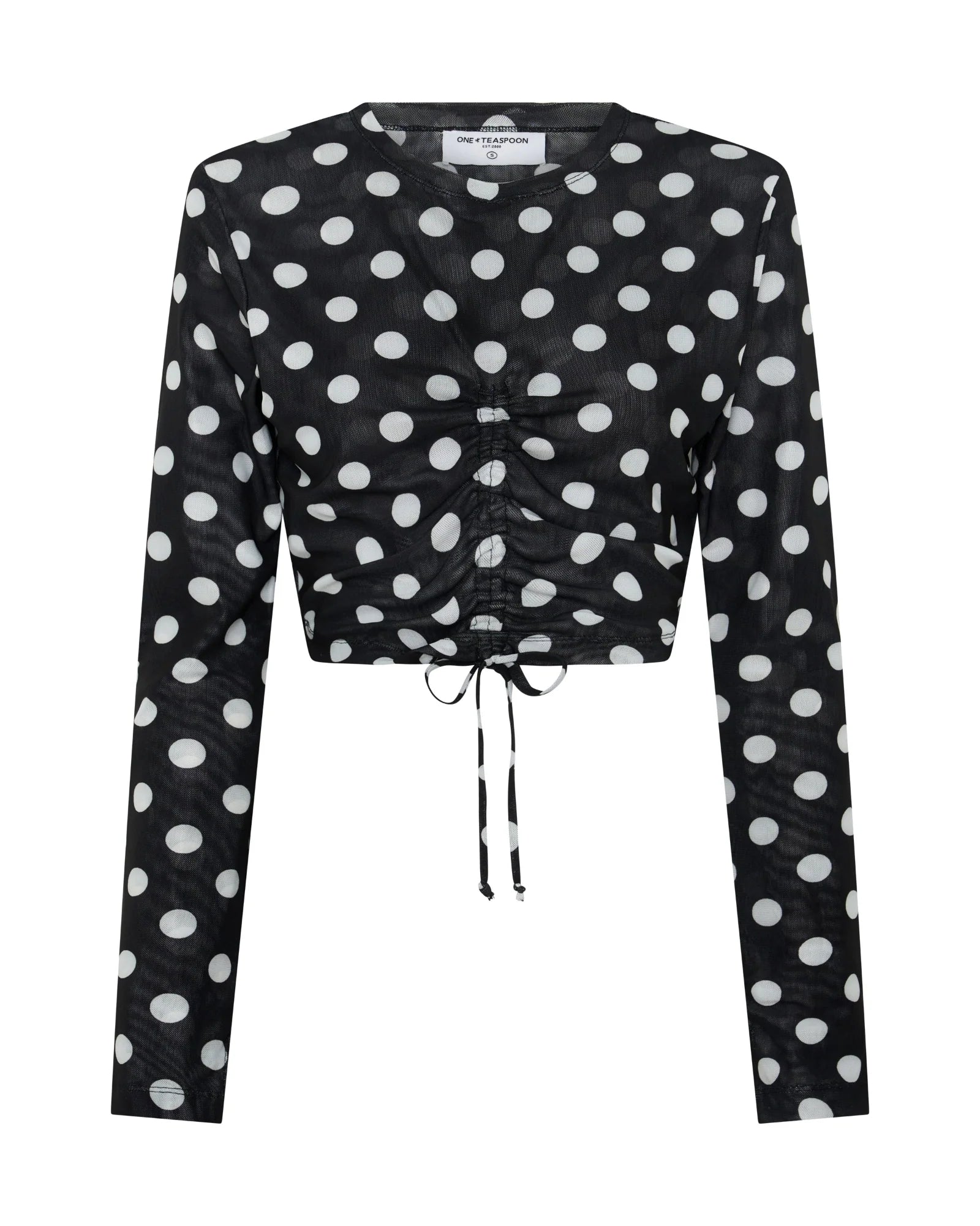 Polka Darling Sheer Mesh Longsleeve Crop Top - Black & White Polka Dot