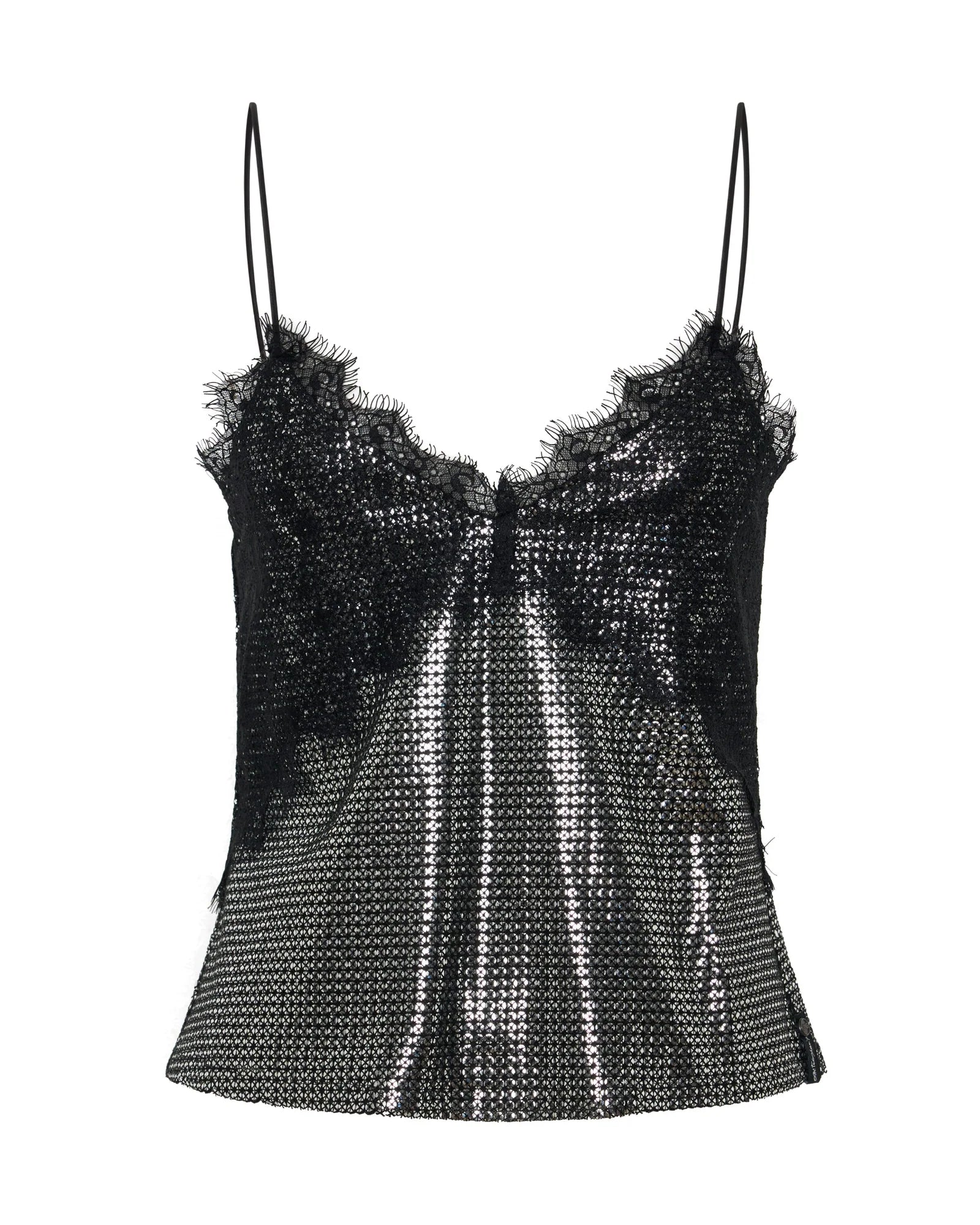 One Teaspoon Afterparty Sequin Cami Top - Silver & Black Lace