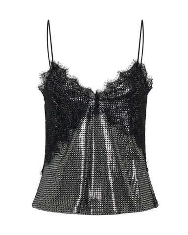 One Teaspoon Afterparty Sequin Cami Top - Silver & Black Lace