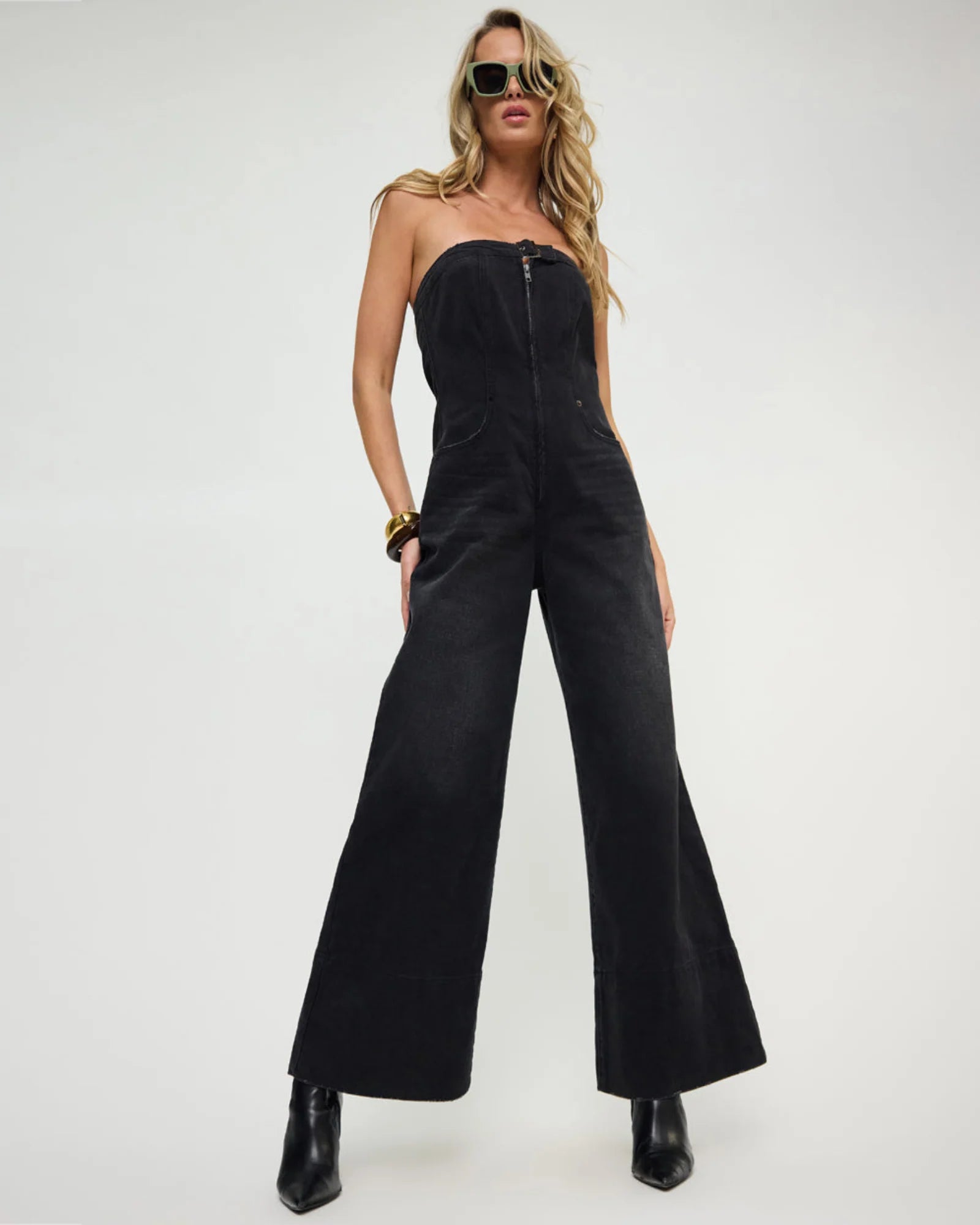 One teaspoon Dark Angel Strapless Wide Leg Denim Jumpsuit - Smokey Black