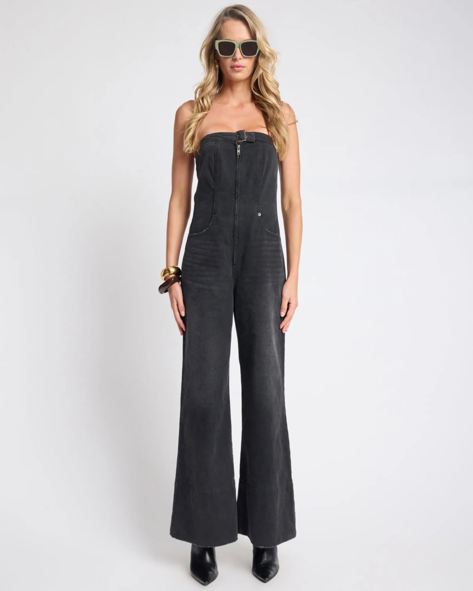 One teaspoon Dark Angel Strapless Wide Leg Denim Jumpsuit - Smokey Black