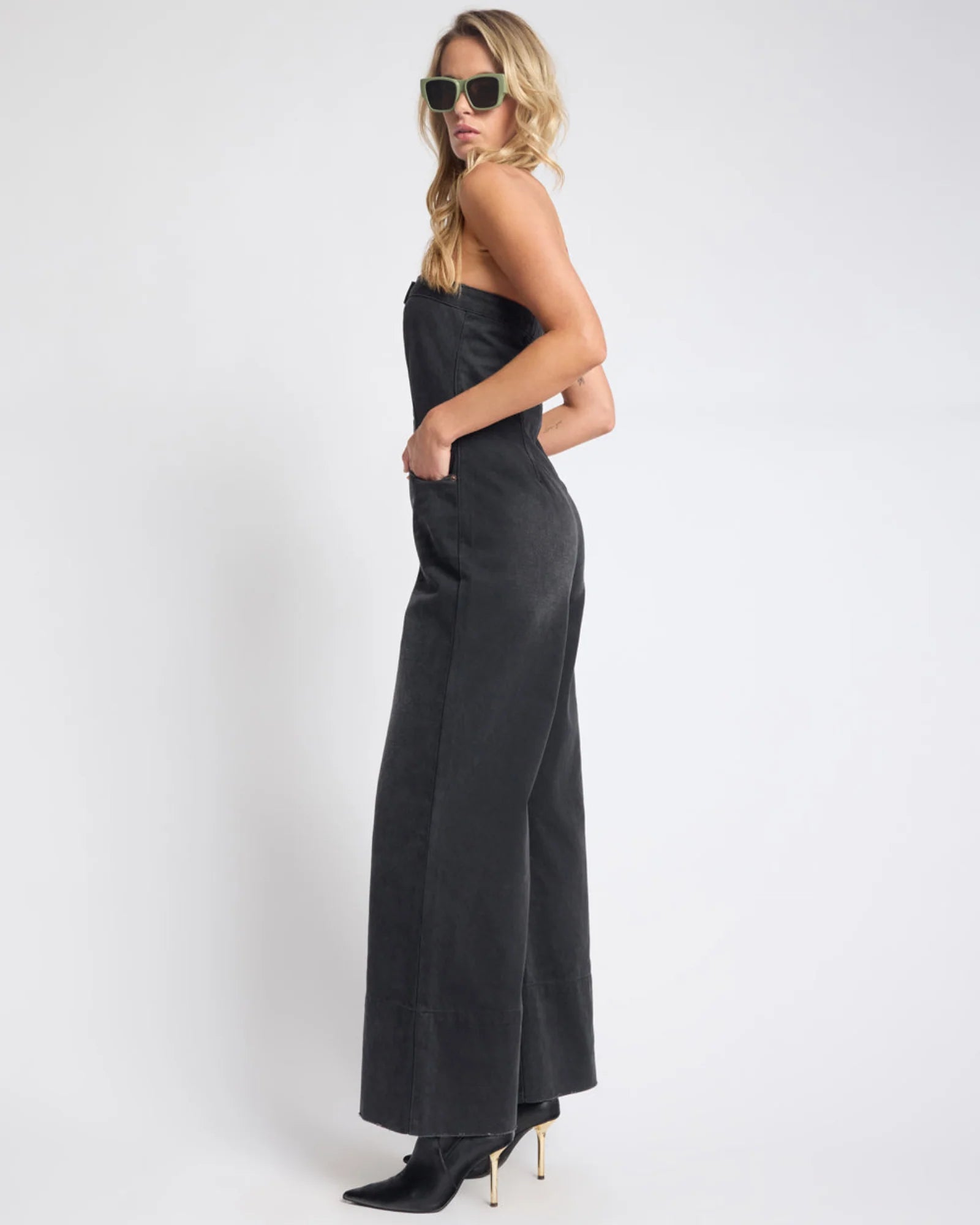 One teaspoon Dark Angel Strapless Wide Leg Denim Jumpsuit - Smokey Black