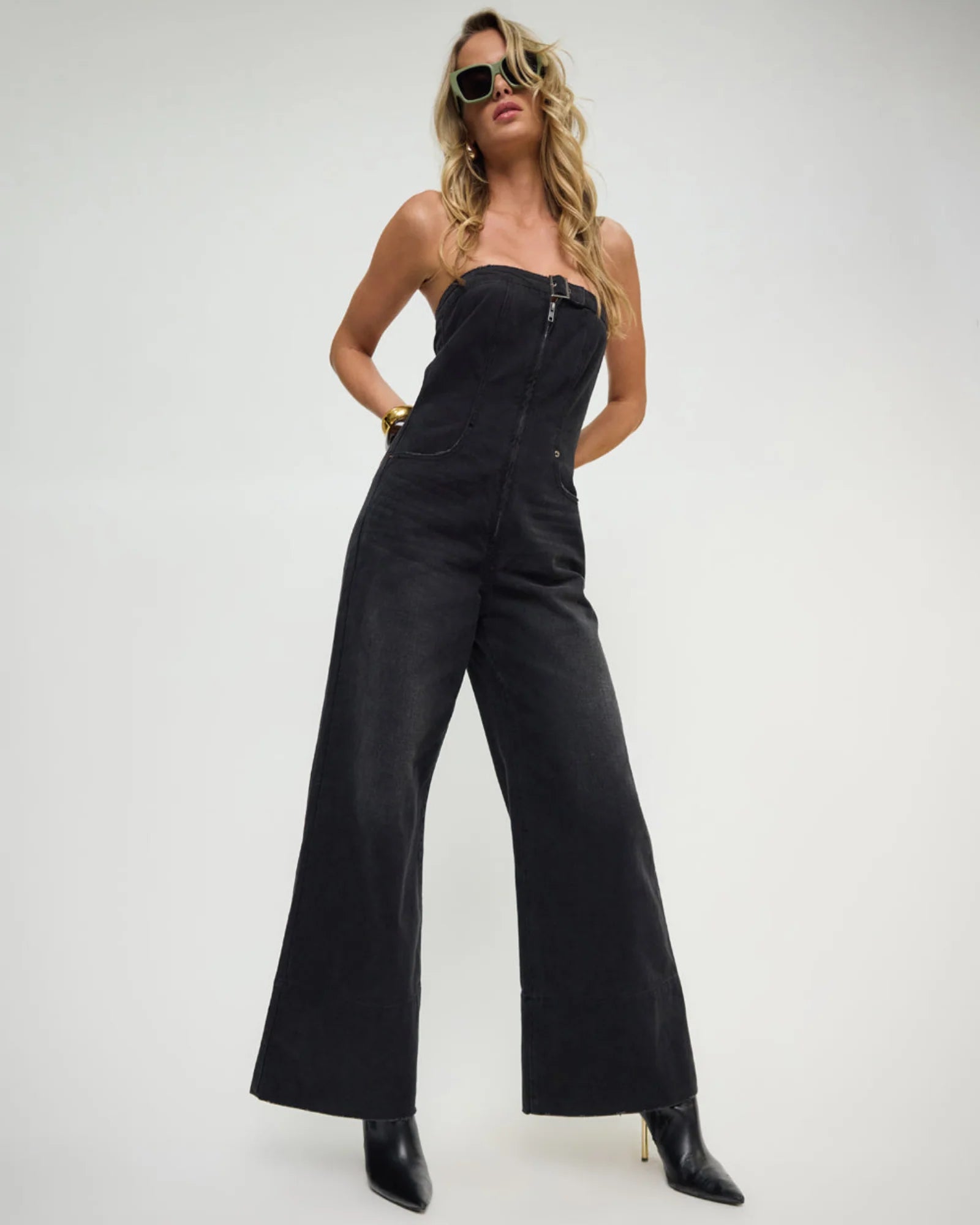 One teaspoon Dark Angel Strapless Wide Leg Denim Jumpsuit - Smokey Black