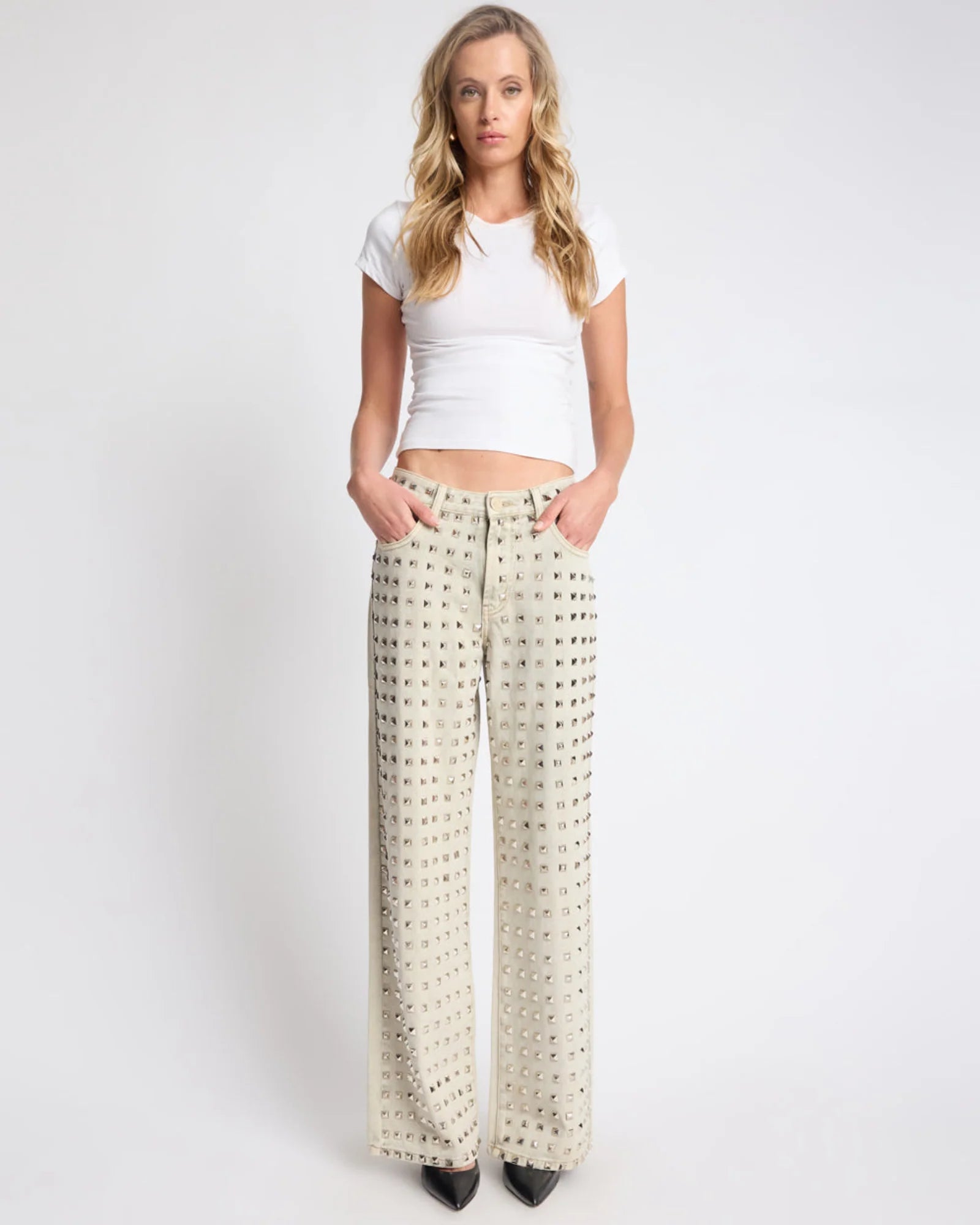 One Teaspoon Jackson Mid Waist Wide Leg Studded Denim Jeans - Antique Khaki