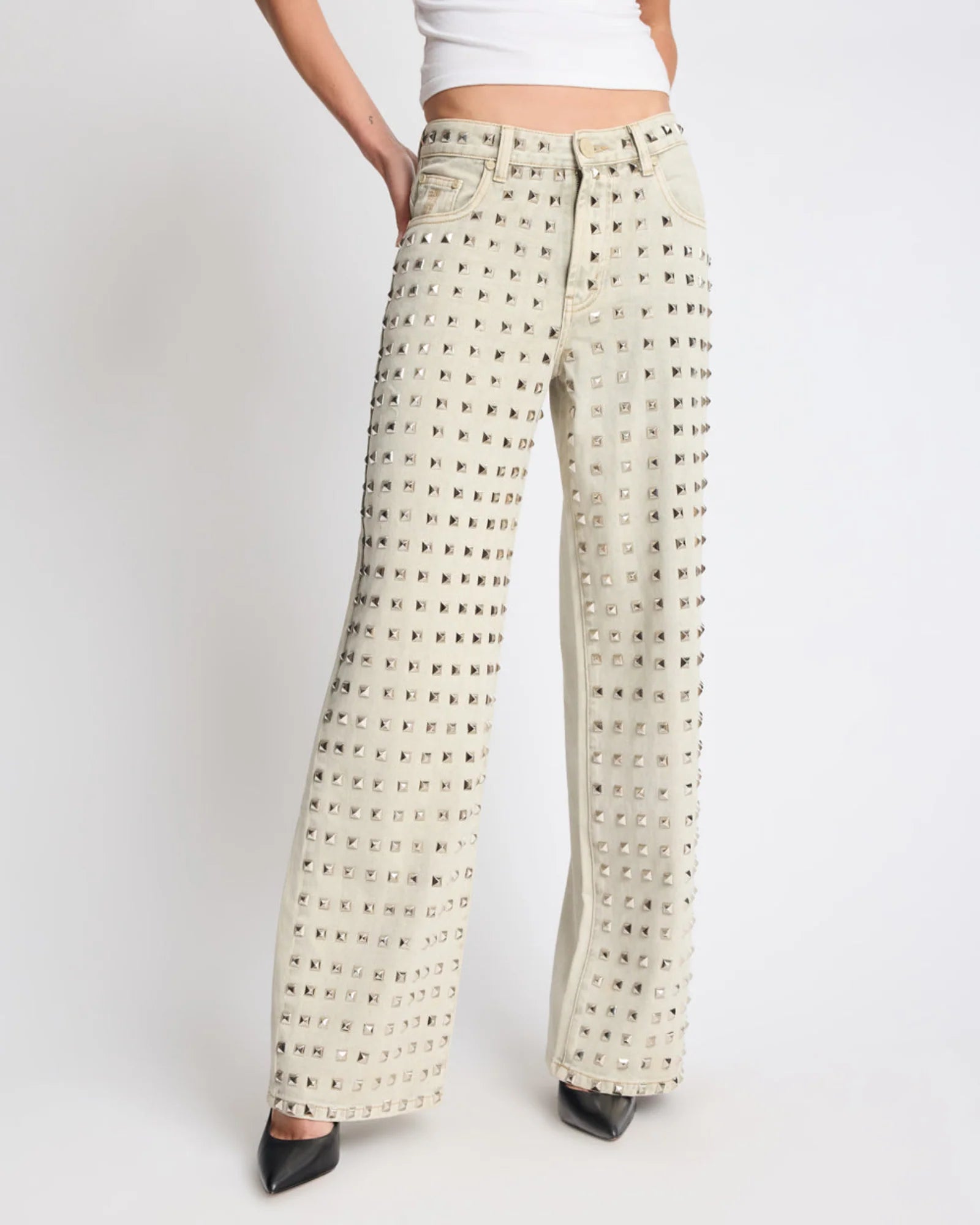 One Teaspoon Jackson Mid Waist Wide Leg Studded Denim Jeans - Antique Khaki