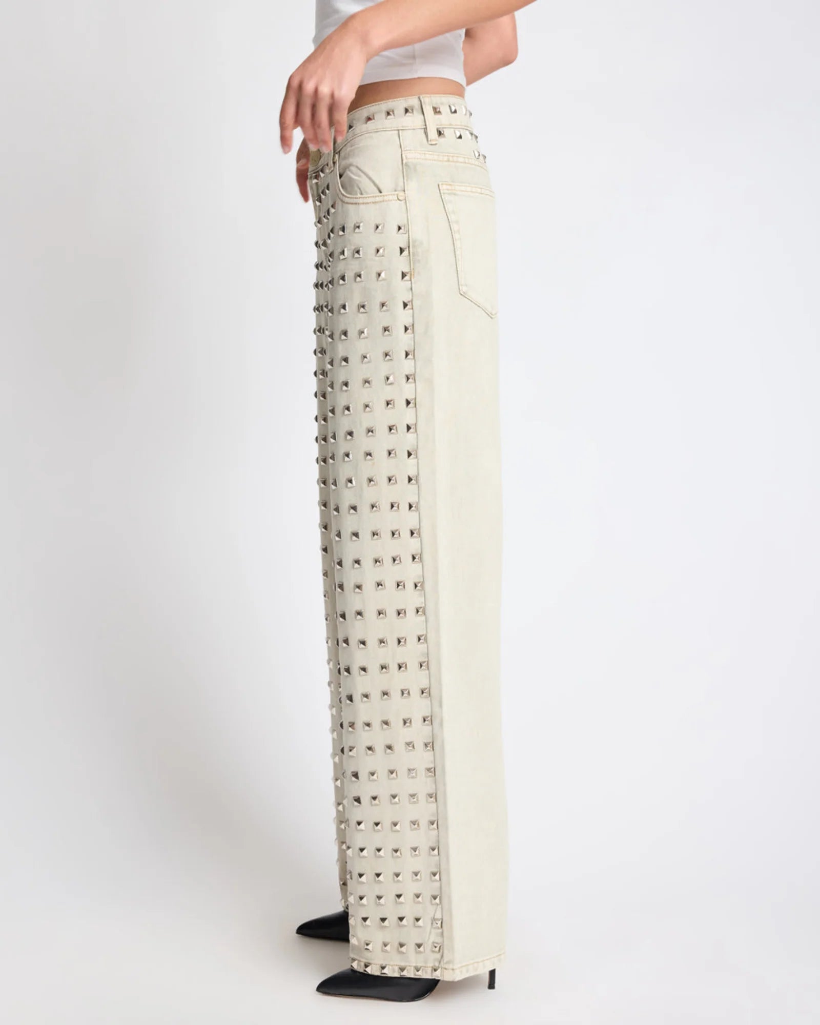 One Teaspoon Jackson Mid Waist Wide Leg Studded Denim Jeans - Antique Khaki