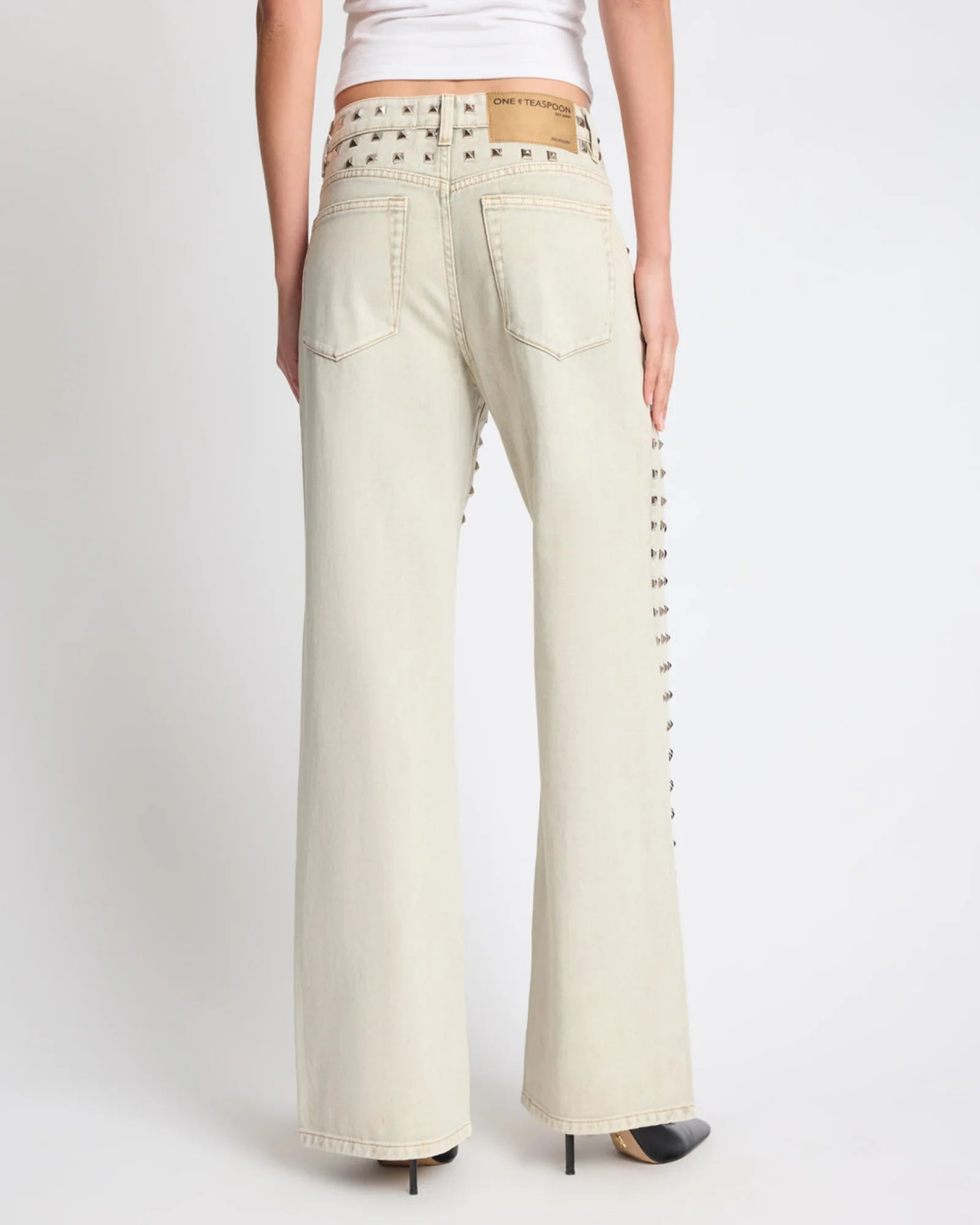 One Teaspoon Jackson Mid Waist Wide Leg Studded Denim Jeans - Antique Khaki