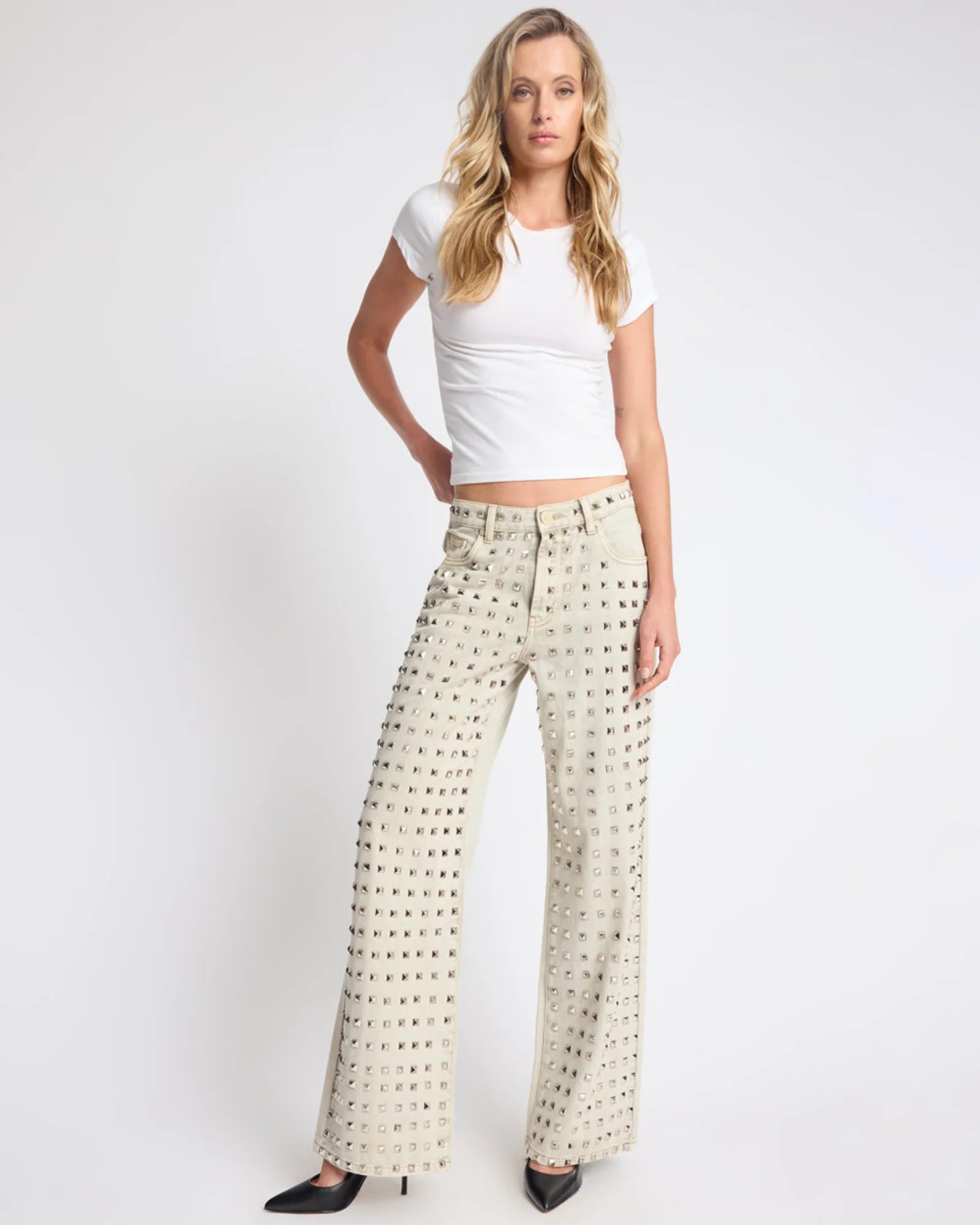 One Teaspoon Jackson Mid Waist Wide Leg Studded Denim Jeans - Antique Khaki