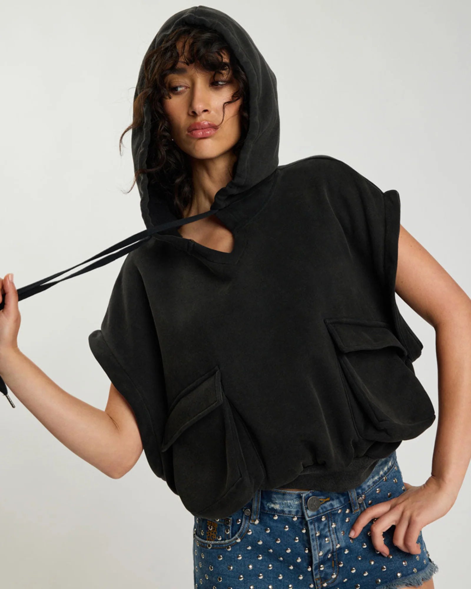 One teaspoon Puff Power Cropped Zip-Off Sleeve Hoodie - Vintage Black