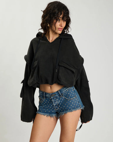 One teaspoon Puff Power Cropped Zip-Off Sleeve Hoodie - Vintage Black