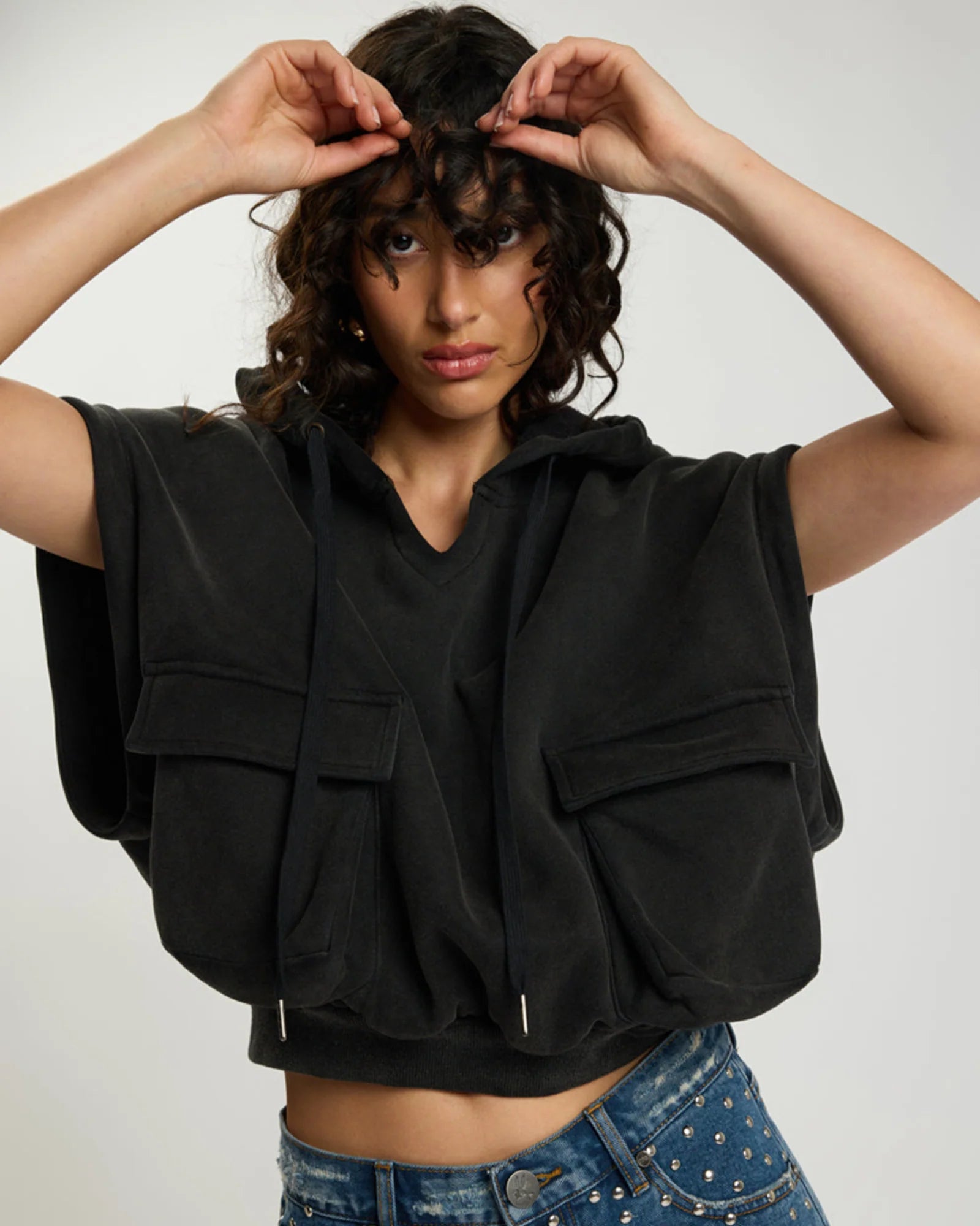 One teaspoon Puff Power Cropped Zip-Off Sleeve Hoodie - Vintage Black
