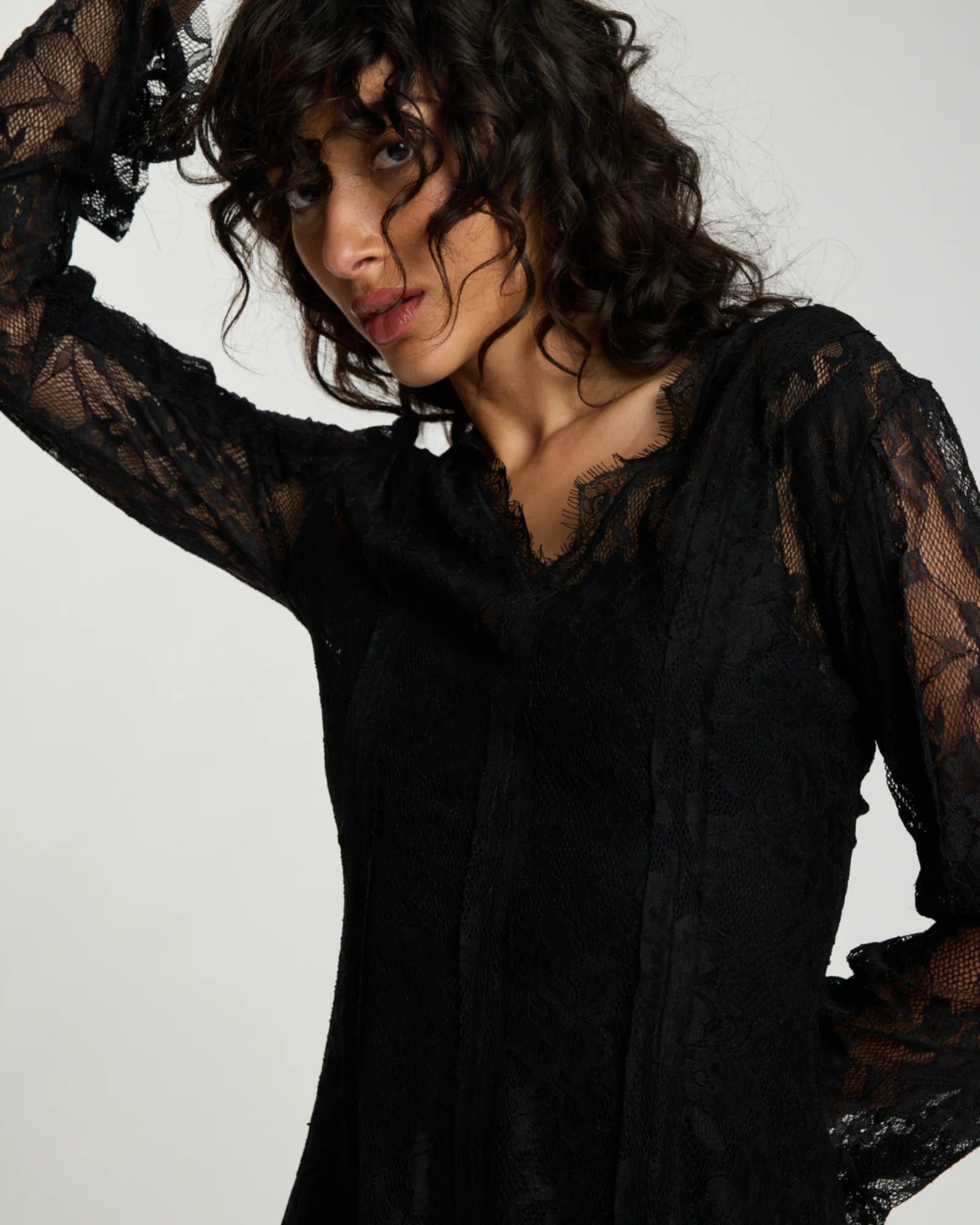 Vintage Whisper Lace Longsleeve Mini Dress - Black
