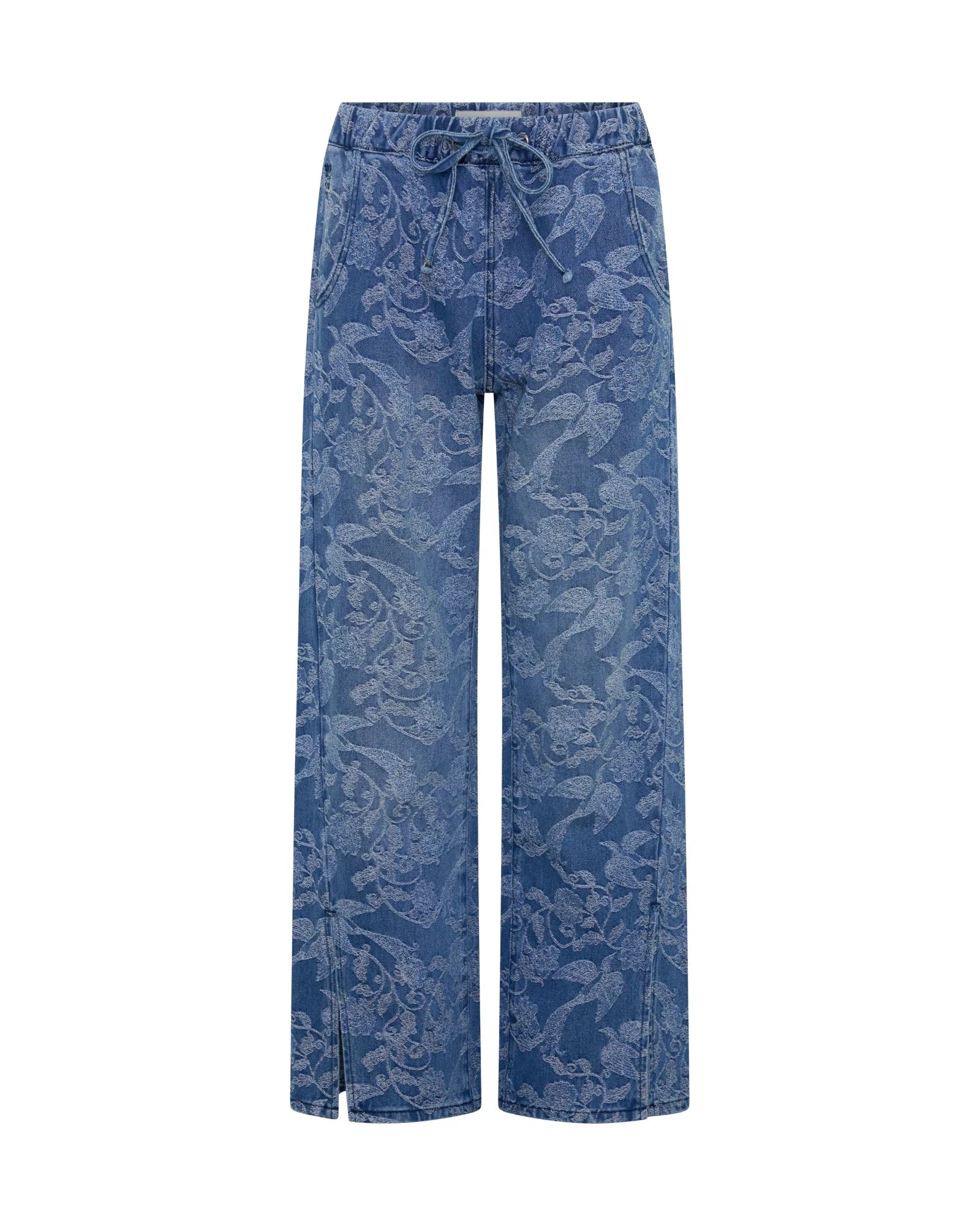 One teaspoon Roadhouse Mid Waist Wide Leg Drawstring Denim Jeans - Soaring Jacquard Blue